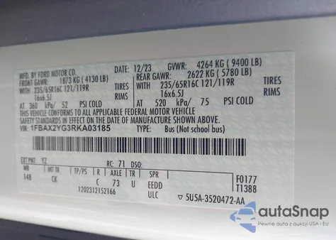 2024 Ford Transit-350 Passenger Van Xlt из США, поврежденный, VIN 1FBAX2YG3RKA03185